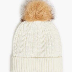 NWT J Crew Cable Knit Cream White Faux Fur Pom Pom Hat Thinner Cap